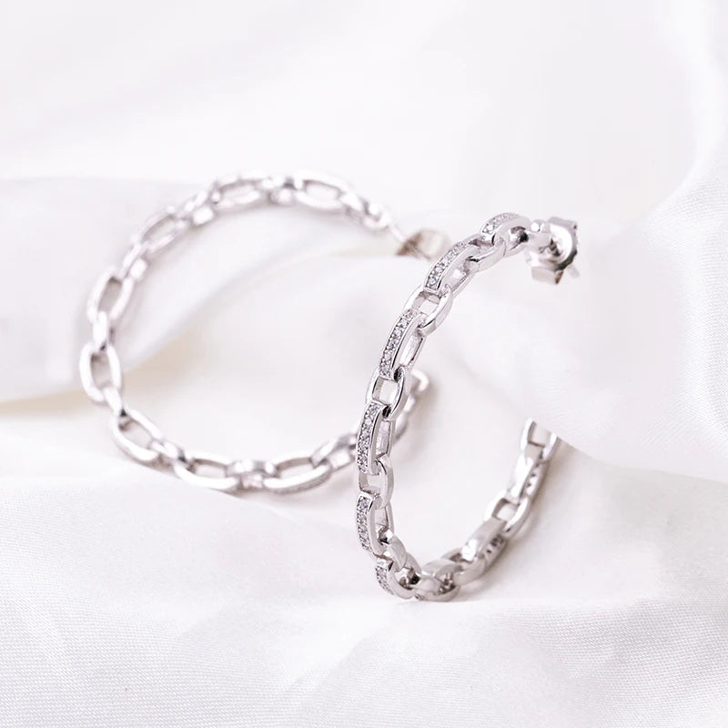 925 Sterling Silver Hoop Earrings with Zircon Chain Hollow Oversized
