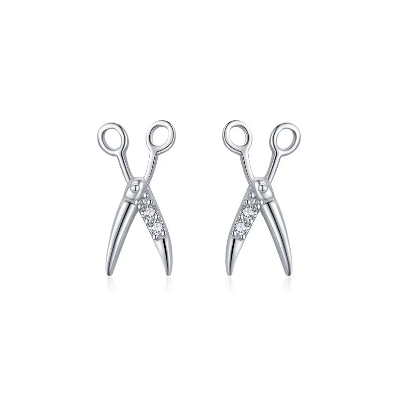 Silver CZ Scissors Stud Earrings For Women Girls