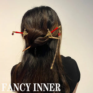Hair Sticks Hairpin Punk Ruby Pendant Tassel Sword Chinese Enamel DIY Hair