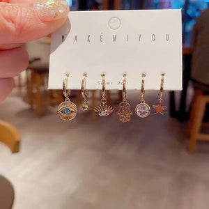 925 Sterling Silver Palm Eyes Star Hoop Earrings Set Women Daily Jewelry