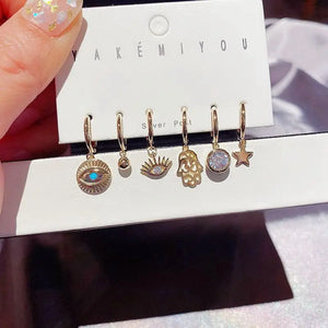 925 Sterling Silver Palm Eyes Star Hoop Earrings Set Women Daily Jewelry