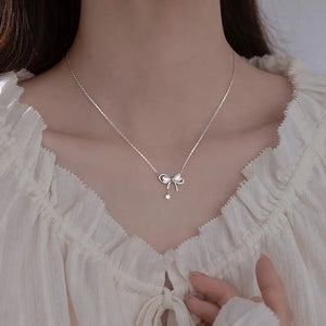 925 Silver Bow Knot Zircon Necklace Moonstone Gift Jewelry