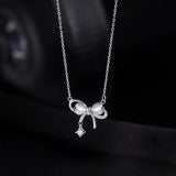 925 Silver Bow Knot Zircon Necklace Moonstone Gift Jewelry