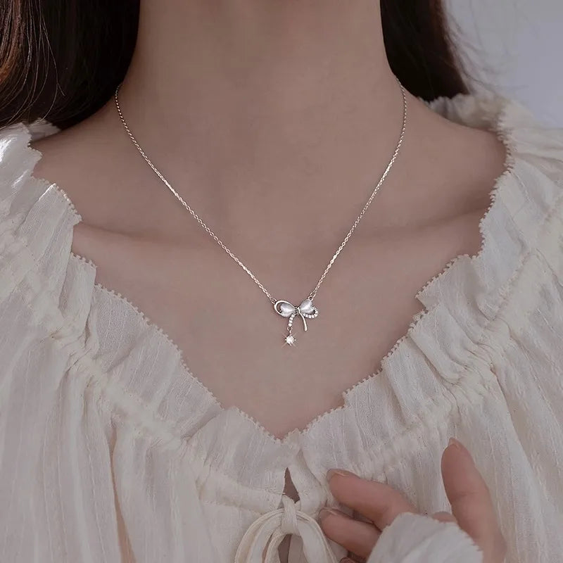 925 Silver Bow Knot Zircon Necklace Moonstone Gift Jewelry