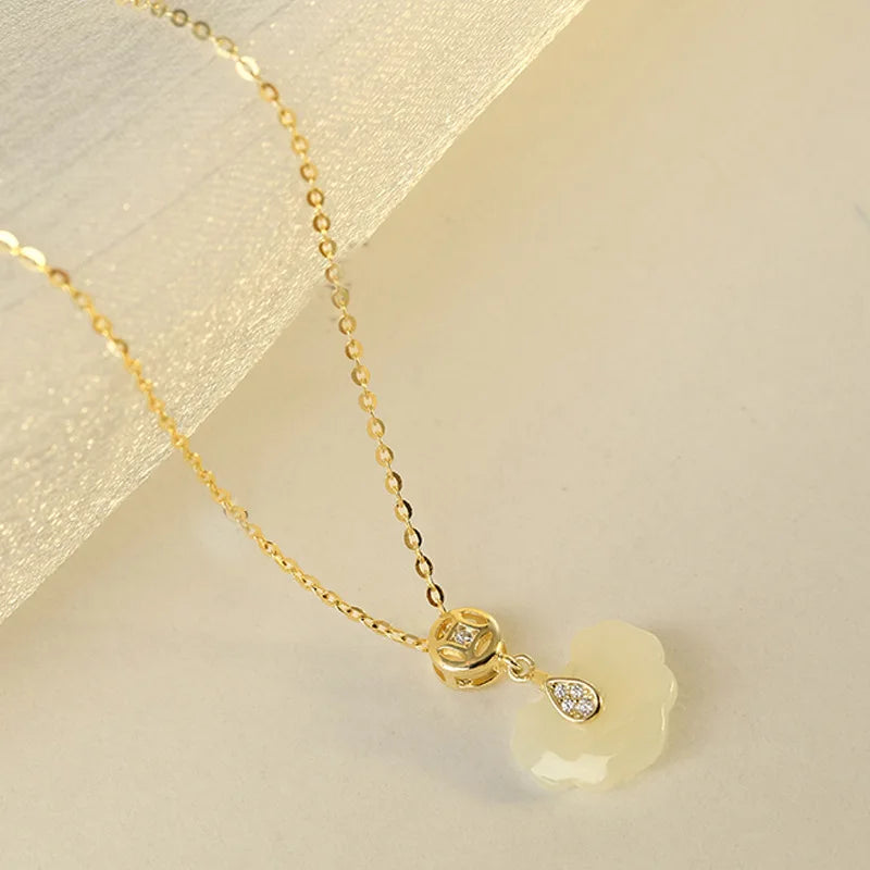 925 Silver Hotan Jade Zircon Necklace for Women Girl Gift Ruyi Coin Jewelry