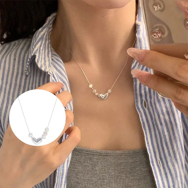 925 Silver Heart Pearl Necklace for Women, Simple Irregular Jewelry