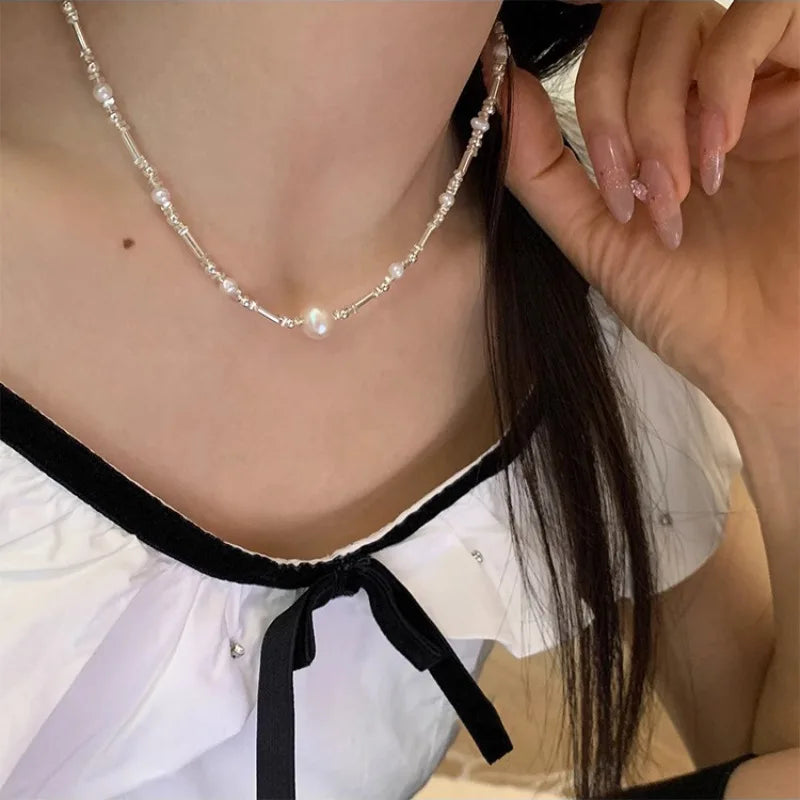 925 Silver Pearl Geometry Necklace for Women Girl Gift