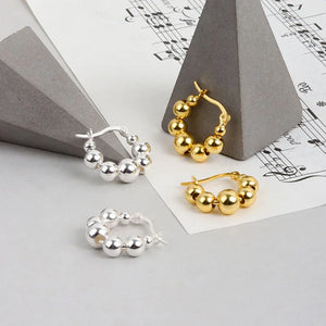 925 Silver Round Bead Hoop Earrings Women Jewelry Party