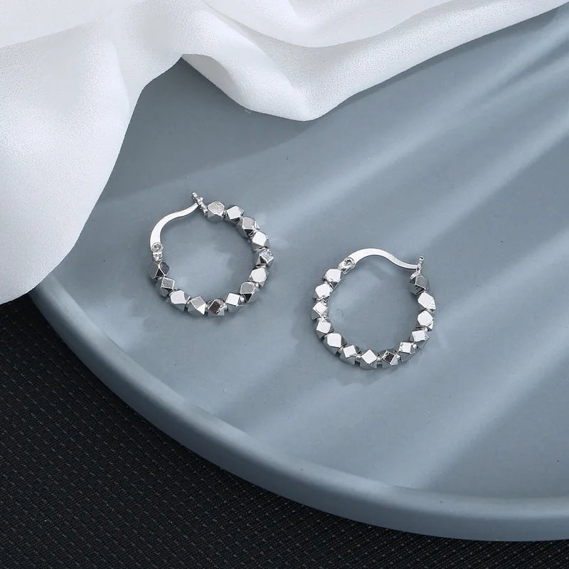 925 Silver Round Bead Hoop Earrings Women Jewelry Party