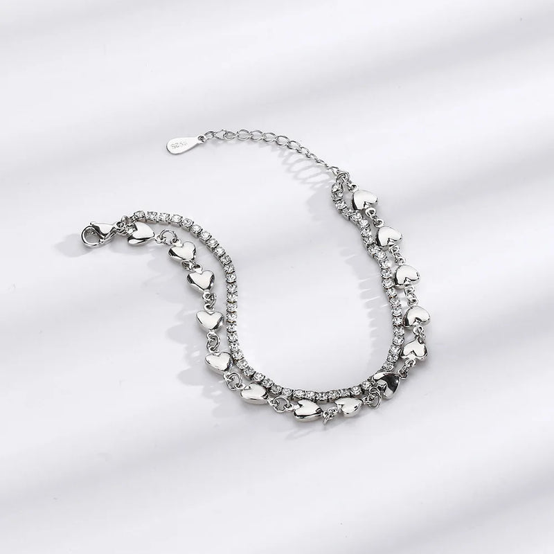 925 Silver Double Layer Heart Bracelet Zircon Jewelry