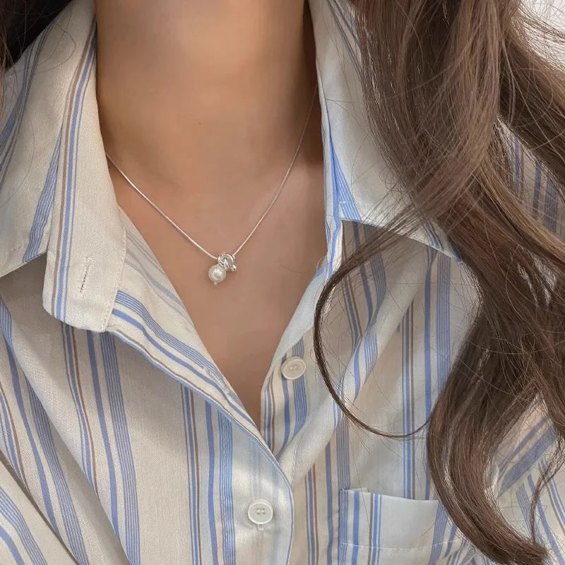 925 Sterling Circular Pearl Necklace for Women Girl Knot Temperament