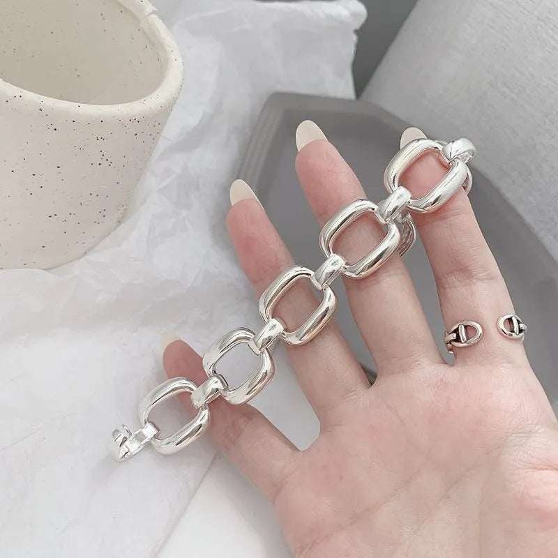 925 Silver Bracelet Women Hip Hop Vintage Chain Geometric Jewelry