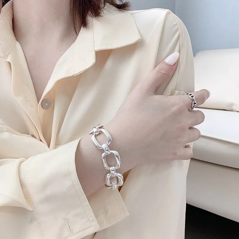 925 Silver Bracelet Women Hip Hop Vintage Chain Geometric Jewelry