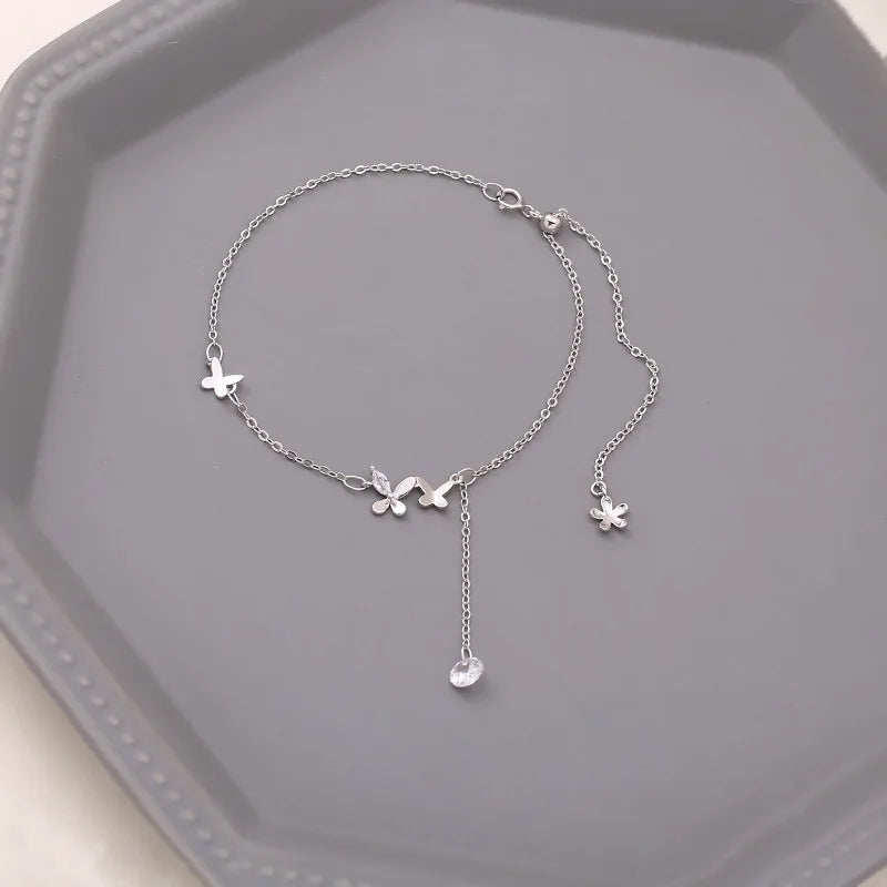 925 Silver Butterfly Anklet Zircon Tassel Bracelet