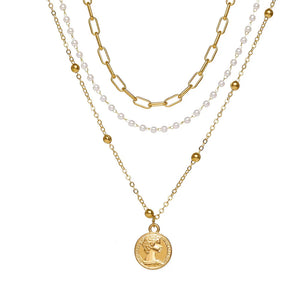 925 Silver Clavicle Chain Portrait Coin Chain Pearl Three-layer Necklace