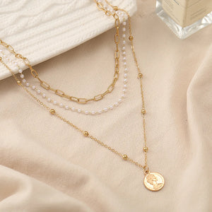 925 Silver Clavicle Chain Portrait Coin Chain Pearl Three-layer Necklace