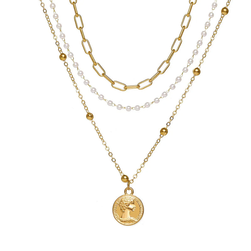 925 Silver Clavicle Chain Portrait Coin Chain Pearl Three-layer Necklace