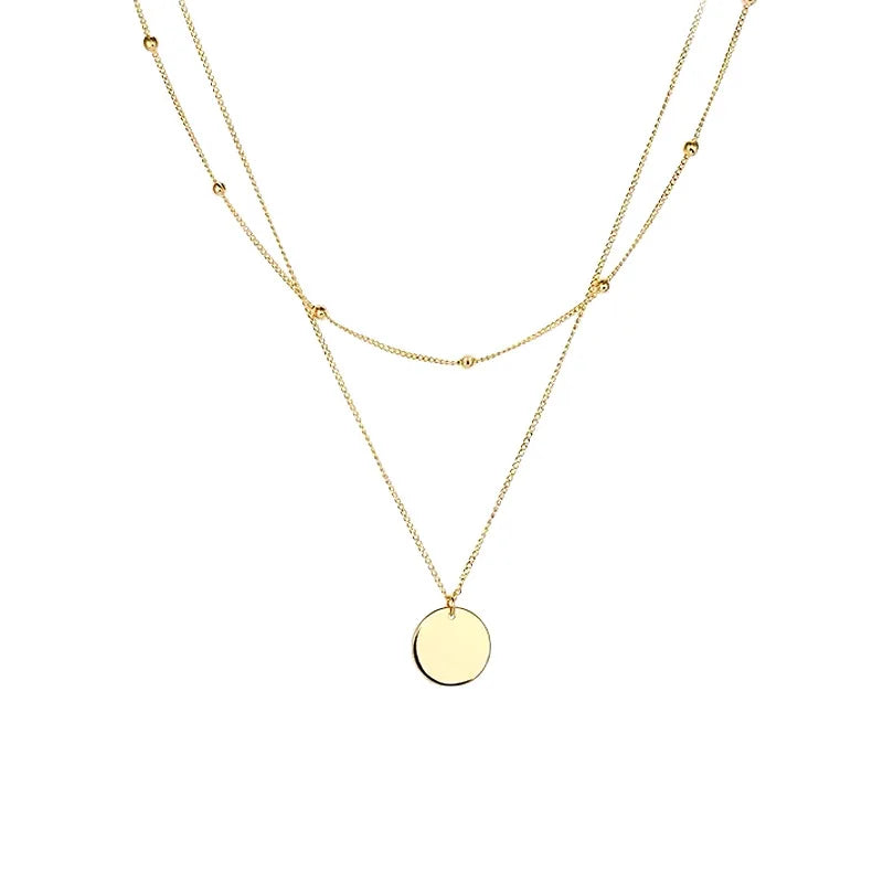 925 Sterling Silver Double Layer Round Disc Pendant Necklace For Women