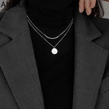 925 Silver Double Layer Disc Pendant Necklace Women Sweater Chain Jewelry
