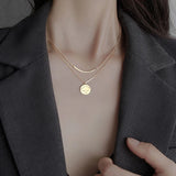 925 Silver Double Layer Disc Pendant Necklace Women Sweater Chain Jewelry