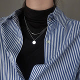 925 Silver Double Layer Disc Pendant Necklace Women Sweater Chain Jewelry