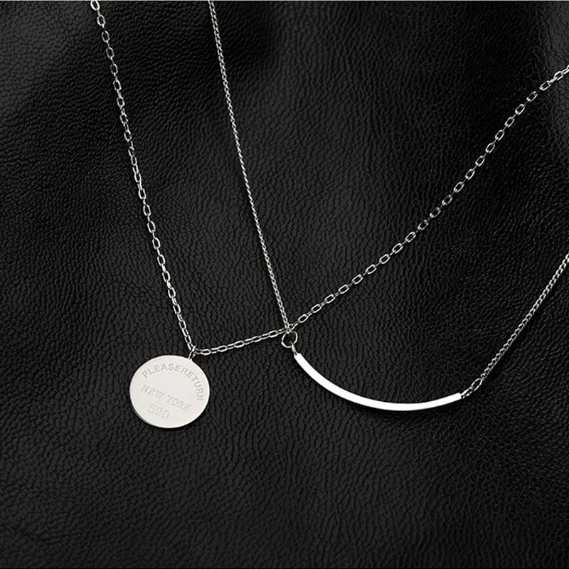 925 Silver Double Layer Disc Pendant Necklace Women Sweater Chain Jewelry