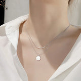925 Silver Double Layer Disc Pendant Necklace Women Sweater Chain Jewelry