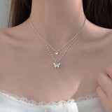 925 Silver Diamond Butterfly Double-Layer Necklace