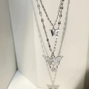925 Silver Diamond Butterfly Double-Layer Necklace
