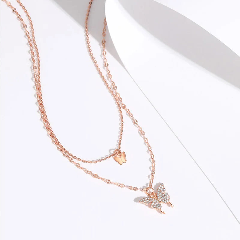 925 Silver Diamond Butterfly Double-Layer Necklace