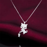 925 Silver Cat & Fish Pendant Necklace Women Party Jewelry