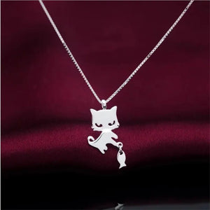 925 Silver Cat & Fish Pendant Necklace Women Party Jewelry