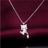 925 Silver Cat & Fish Pendant Necklace Women Party Jewelry