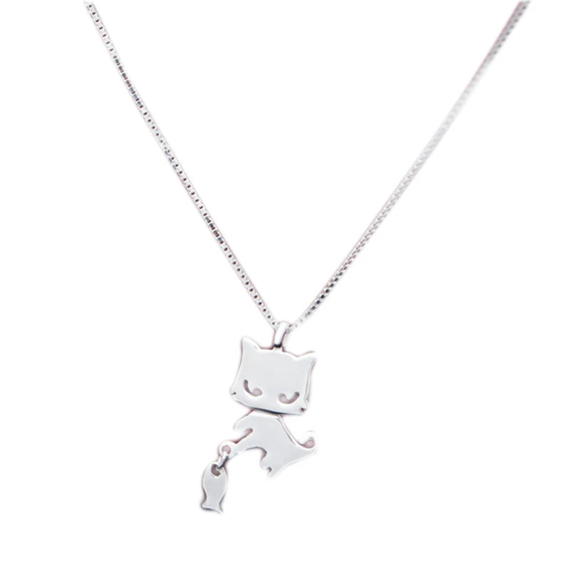925 Silver Cat & Fish Pendant Necklace Women Party Jewelry