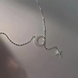 925 Silver Frosted Moon Star Pendant Small Necklace