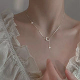 925 Silver Frosted Moon Star Pendant Small Necklace