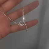 925 Silver Frosted Moon Star Pendant Small Necklace
