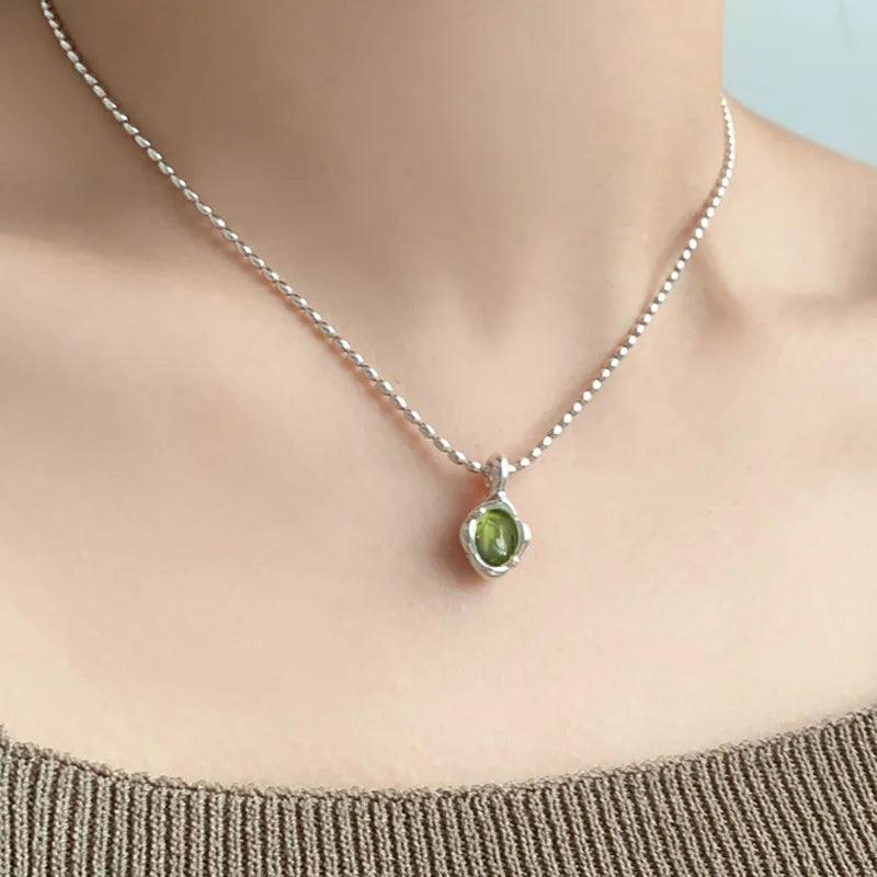 925 Silver Green Crystal Necklace for Women Girl, Water Drop Jewelry Gift