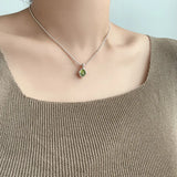 925 Silver Green Crystal Necklace for Women Girl, Water Drop Jewelry Gift