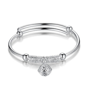 925 Silver Hollow Bells Ball Bangle Adjustable Girl Party Wedding Jewelry