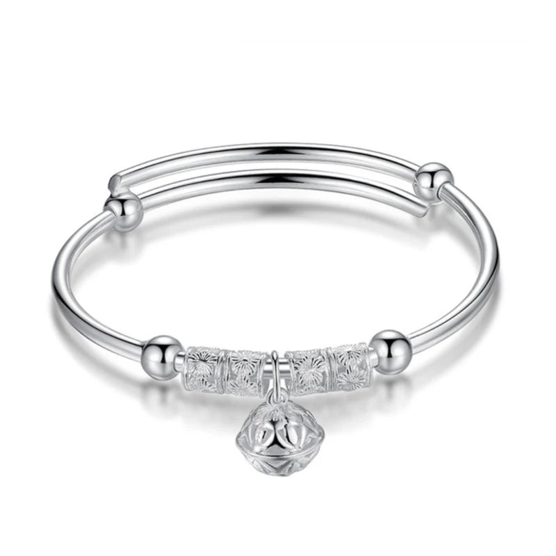 925 Silver Hollow Bells Ball Bangle Adjustable Girl Party Wedding Jewelry