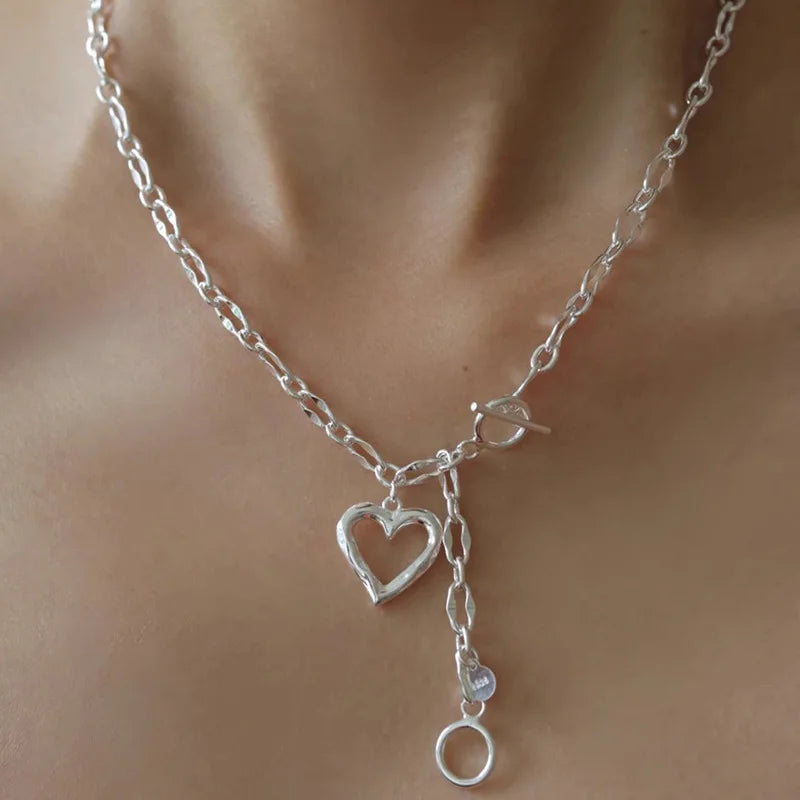 925 Silver Love Heart Asymmetry Necklace Hip Hop Street Jewelry