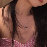 925 Silver Love Heart Locks Pearls Necklace Sweet Jewelry