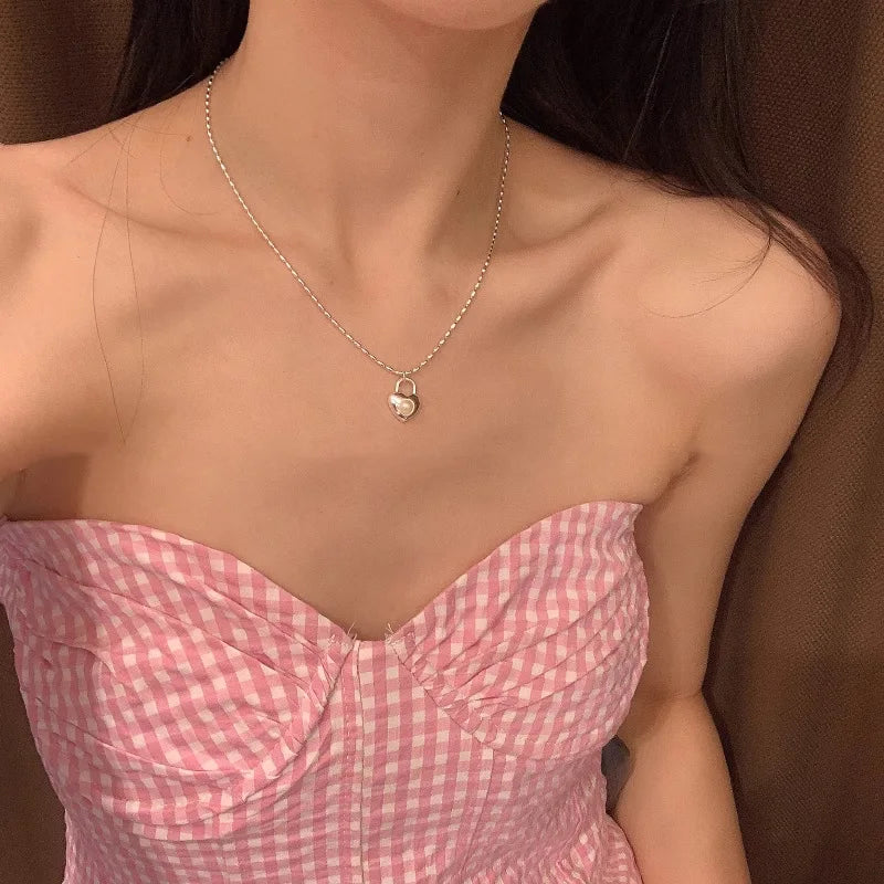 925 Silver Love Heart Locks Pearls Necklace Sweet Jewelry