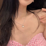 925 Silver Love Heart Locks Pearls Necklace Sweet Jewelry