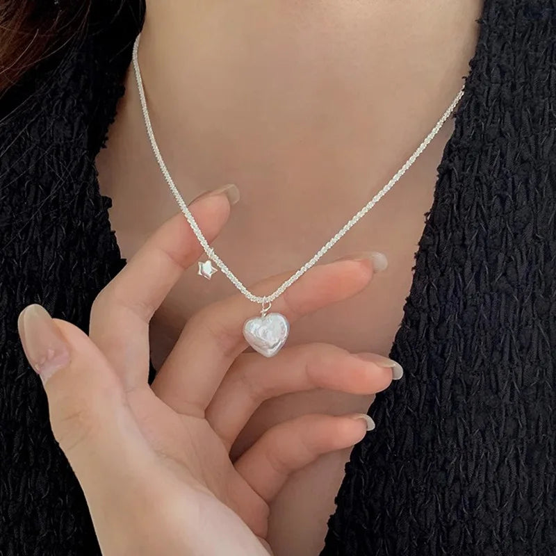 925 Silver Love Heart Pearl Star Necklace Choker