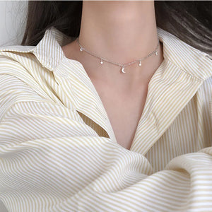 925 Silver Moon Star Zircon Necklace for Women Choker Student