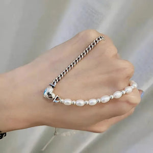 925 Silver Necklace Women GirlLove Heart Pearl Asymmetry Special Jewelry