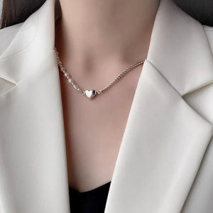 925 Silver Necklace Women GirlLove Heart Pearl Asymmetry Special Jewelry