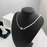 925 Silver Necklace Women GirlLove Heart Pearl Asymmetry Special Jewelry